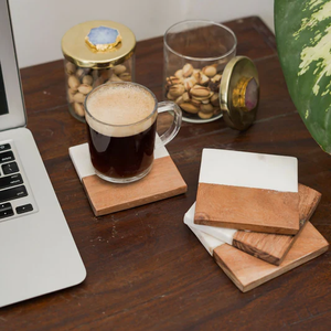 Dessous de verre carrés en bois d'acacia et marbre blanc fabriqués à la main en usine personnaliser sous-verre en bois utilisé à des prix abordables - Product Image 6