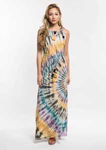 Vestido Maxi de Mujer con Mangas Campana 3/4, Estampado Tie-Dye, Estilo Boho, Cinturón con Borlas, Estampado en Espiral, Ecológico, Lavable, Vestido de Playa con Aberturas, India - Product Image 5