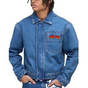 Veste épaisse délavée OEM pour homme, style décontracté, logo brodé personnalisé, col rabattu, bleu, fermeture éclair et boutons - Product Image 1