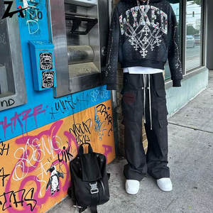 Sudadera con capucha desgastada con diamantes de imitación para hombres y mujeres Hip Hop bordado de letras sudadera informal de gran tamaño ropa de calle de moda - Product Image 5