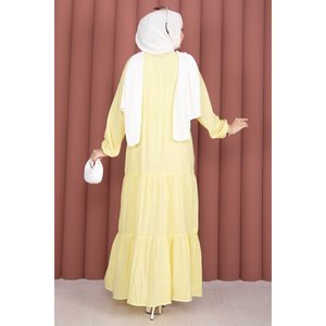 Vestido Hijab Amarillo con Botones Delanteros, Volantes y Cuentas, Estilo Modesto con Cintura Imperio, Sin Mangas, de Algodón, Color Liso, Islámico - Product Image 4