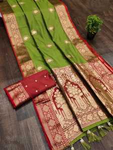 La elegante combinación de seda Khicha suave con Zari puro y Sari tejido es perfecta para el diseño de ropa informal de boda - Product Image 4