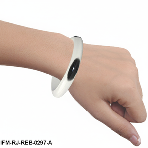 Trendy White Resin Bangle <b>Bracelet</b> with <b>Black</b> Oval Inlay Accent Retro Modern Handcrafted Slip On Jewelry for <b>Women</b> - Product Image 2