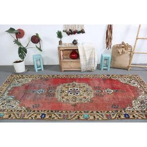 Tapis turc vintage, grand tapis de 4,3 x 9,6 pieds, tapis en laine Ikat rouge et bleu - Product Image 1