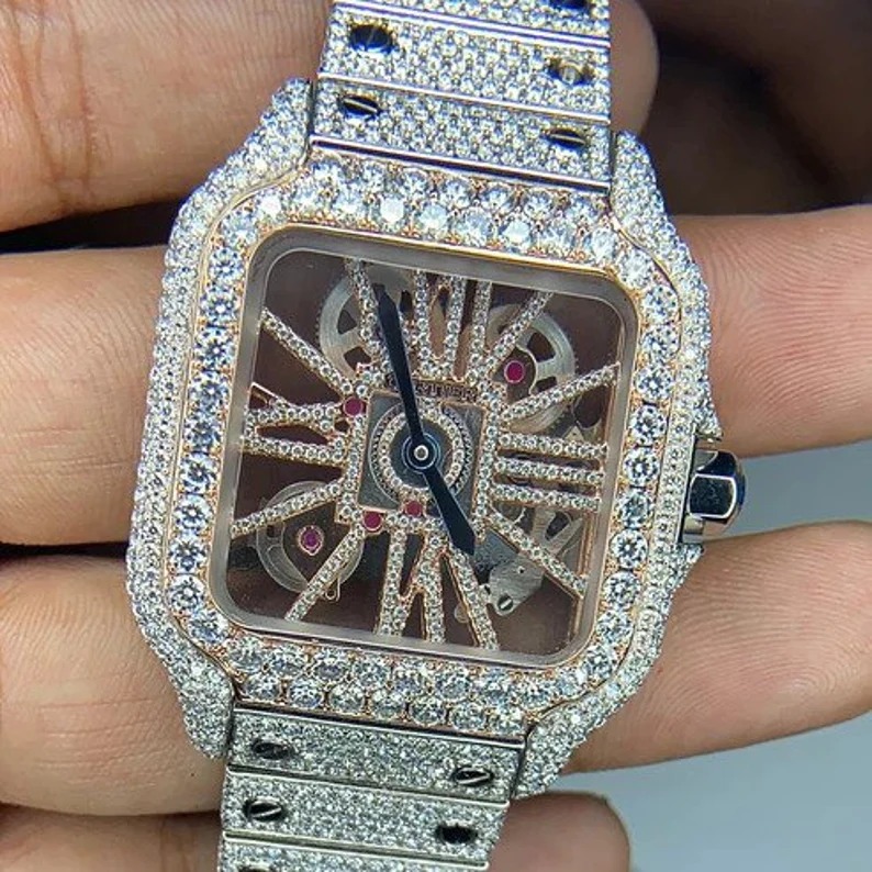 Cartier Swiss Eta Automatic Movement Full Ice Out Rose Gold Moissanite Diamond Watch Hip Hop Jewelry Customized Jewelry
