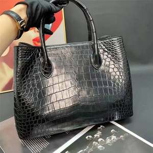 Women's Genuine Leather Luxury Crocodile Texture Tote <b>Bag</b> Handles Open Top Casual Black Alligator Pattern <b>Large</b> Capacity Daily - Product Image 4