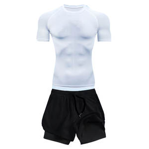 Vêtements de sport de compression à manches courtes, couleur unie, avec t-shirt ajusté et short double couche, impression par sublimation, ensemble - Product Image 5