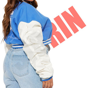 Chaqueta bomber azul cielo de alta calidad para mujer de fabricante OEM, parches en el cuello, chaqueta universitaria sexy para mujer para la universidad y las fiestas del club - Product Image 2