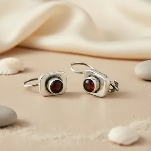 Vintage Geometric Garnet <b>Stud</b> Earrings in Antique Silver Plated Alloy Trendy Gift for Women - Product Image 1