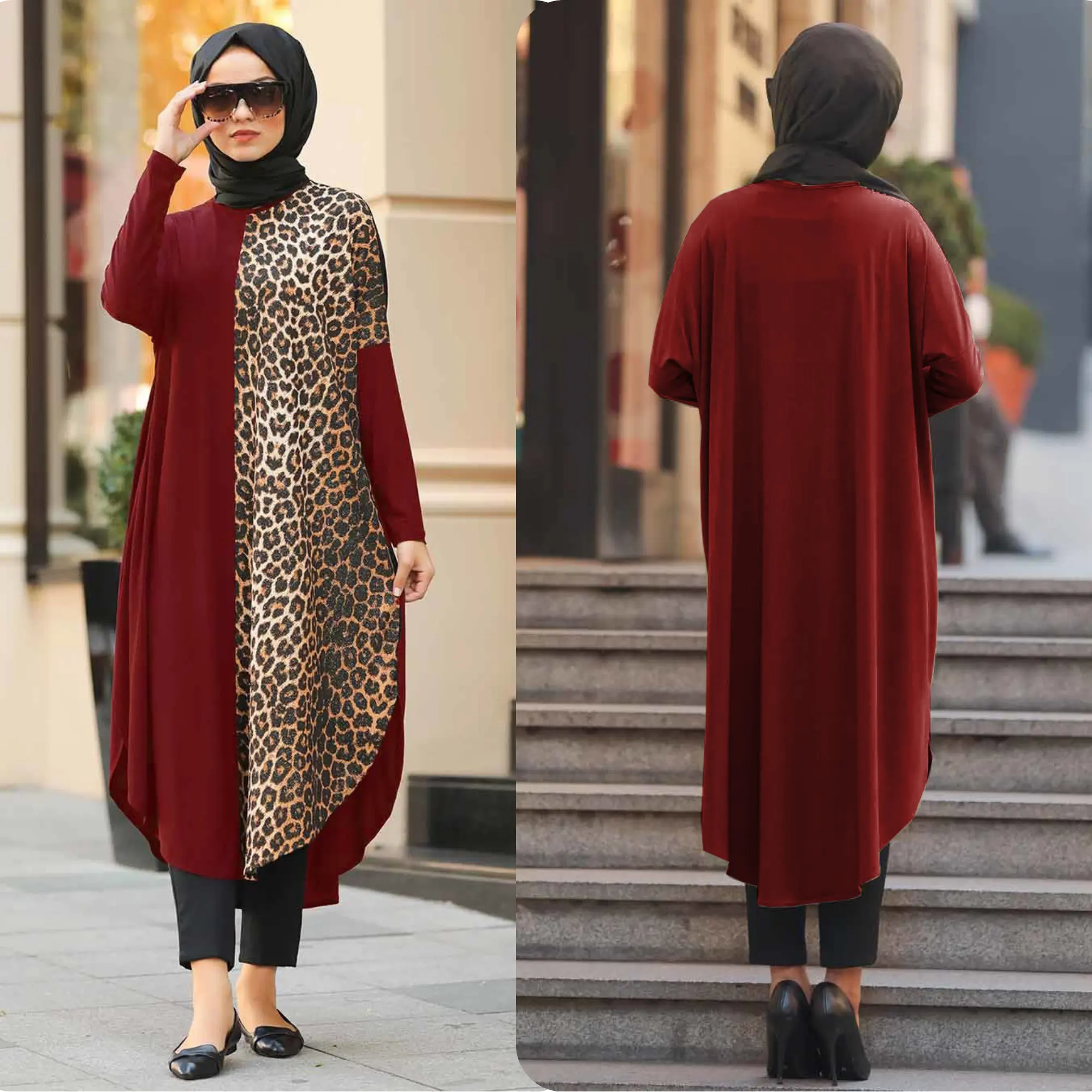 Luxe Kleding Islamitische Moslimkleding Organische Zacht Rekbare Jersey Bedrukt Vrouwen Tuniek Top Abaya Jurk