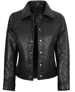 Luxury Womens Black Genuine Leather Woven <b>Quilted</b> Zipper Slim Fit Textured Designer Biker Jacket Crew Neck Premium Custom OEM - Product Image 1