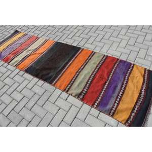 2.5x9.1 ft Vintage Rug, Turkish <b>Runner</b> Rug, <b>Red</b> Yellow Striped Wool Rug - Product Image 4