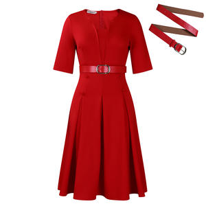 Robe midi élégante pour femmes à manches courtes, avec ceinture, respirante, tissée, taille naturelle, couleur unie, style A, pour le bureau, le quotidien - Product Image 4