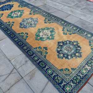 Alfombra de 4.1x11.5 pies, Alfombra Turca Vintage, Alfombra de Lana Azul - Product Image 2