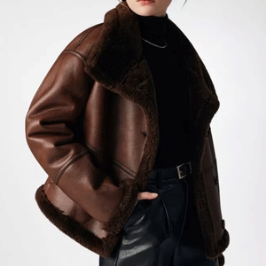 Top Selling Women's Buttoned Closure Brown Shearling <b>Real</b> Leather Jacket Fur <b>Coat</b> Aviator <b>Sheepskin</b> Leather Bomber Jacket - Product Image 2