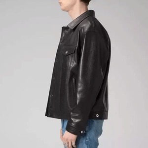 Chaqueta bomber con cierre abotonado de piel de cordero auténtica roja de camionero clásico para hombre - Product Image 6