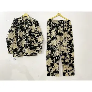 Ensemble de pyjama en jersey de coton imprimé pour femmes, vêtements de maison ODM, logo personnalisé, taille élastique, fermeture à boutons, grande taille, respirant, manches longues - Product Image 2