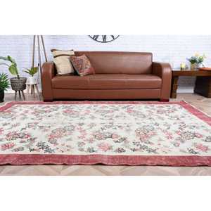 Vintage Turkish Rug, 5.7x8.9 ft Large Rug, <b>Red</b> White Abstract <b>Wool</b> Rug - Product Image 5