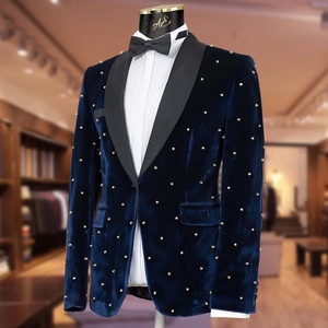 Alta calidad Slim Fit moda personalizada hombres traje de boda azul terciopelo esmoquin trajes para hombres Vintage padrinos de boda traje de boda - Product Image 3