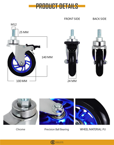 Roue pivotante à roulement à billes en acier polyuréthane à noyau en aluminium bleu de 4 pouces, tige filetée M12, roulement silencieux et fluide - Product Image 3