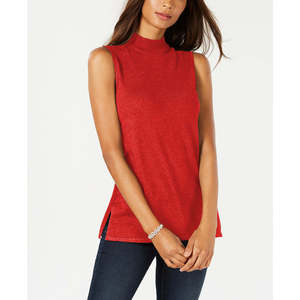 Collezione JM: Maglione Rosso Senza Maniche con Collo Alto per Donna, Lavorazione a Maglia Traspirante con Fiori Stampati e Fiocco, Taglia 2XL, Autunno - Product Image 1