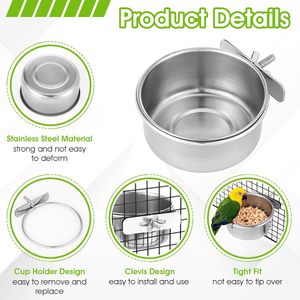 Venta al por mayor de calidad superior de acero inoxidable aves Coop Cup Feeder Bowl con abrazadera soporte comida plato alimentador para Gorriones loros - Product Image 2