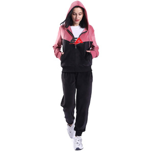 Survêtement à capuche zippé noir rose personnalisé pour femmes Sports d'hiver Ensemble de pantalons deux pièces à impression solide Survêtements de jogging d'entraînement décontractés - Product Image 1