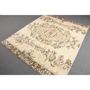 Vintage Turkish Area Rug 6.8x5.5 ft, <b>Brown</b> Green Solid <b>Wool</b> Rug - Product Image 1