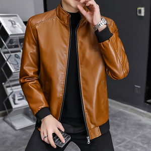 Chaqueta de cuero con cuello alto para hombre, estilo motociclista, para primavera y otoño, con cremallera, estilo casual vintage, de cuero PU. - Product Image 5