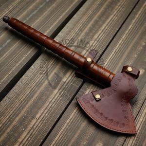 Hache de combat en acier Damas à vente chaude, pipe à fumer, hache de camping véritable avec manche en bois de rose et étui en cuir - Product Image 5
