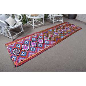 Vintage Turkish Rug, <b>Runner</b> 2.8x10.2 ft (84x310 cm) Rug, <b>Red</b> Check Wool Rug - Product Image 1