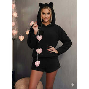 Conjunto de dos piezas de blusa de felpa con capucha y pantalones cortos de manga larga para mujer, 30289 - Negro - Product Image 2