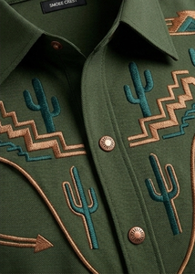 Chemise de cowboy brodée à manches longues, boutonnée, style vintage décontracté, coupe ajustée, passepoil contrastant, personnalisable OEM, unisexe, style western - Product Image 4