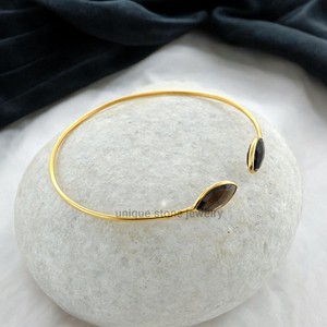 Pulsera bohemia de Plata de Ley 925 hecha a mano, brazalete de dos piedras preciosas facetadas chapadas en oro con diamantes de cuarzo ahumado Natural - Product Image 3