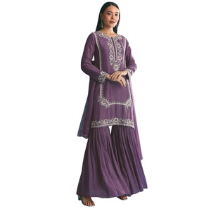Conjunto Kurta Sharara de lentejuelas de seda púrpura al por mayor con Dupatta para fiesta de boda recepción festiva y ocasiones étnicas personalizadas - Product Image 3