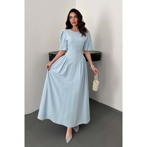 Vestido midi azul liso de lino tejido con lazo en la espalda, fruncido y corte en A con cintura natural - Product Image 2