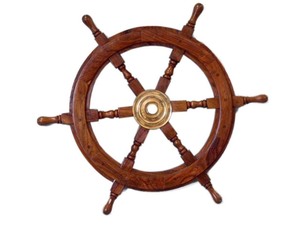 Volant de bateau en bois artisanal avec centre en laiton, 24 pouces, décoration nautique pour la maison - Product Image 1
