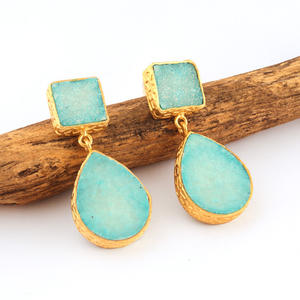 Boucles d'oreilles carrées en forme de poire, Double pierre naturelle, sucre aquatique, Druzy, clou plaqué or, boucles d'oreilles pendantes, cadeau pour elle - Product Image 3