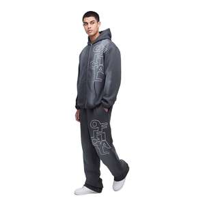 Conjunto de Sudadera con Capucha y Pantalones Deportivos Unisex con Estampado Personalizado, Lavado Ácido, Estilo Holgado con Hombros Caídos y Capucha con Cremallera, Chándal con Lavado por Pulverización - Product Image 1