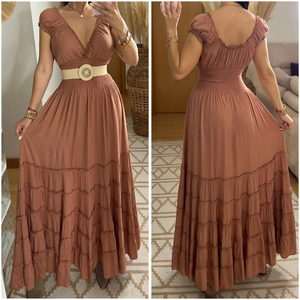 Vestido Maxi Bohemio de Varias Capas para Mujer, Manga Acampanada, Cuello en V, Cintura Natural Elástica, Tejido Ecológico, con Cinturón, para Playa o Resort - Product Image 4