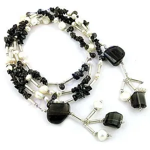 Collier pour femme en argent sterling avec onyx noir et perles, bijoux perlés tendance - Product Image 2