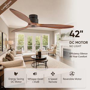 42 Inch Low Profile Walnut Ceiling <b>Fan</b> No Light with <b>Remote</b> <b>Control</b> 3 Solid Wood Blades for Bedroom - Product Image 1