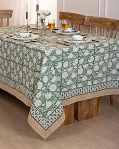 Dark Moss Green Floral Printed 100% Cotton <b>Tablecloth</b> Indian Handmade Block Print Boho Chic Farmhouse for Weddings Events Custom - Product Image 1