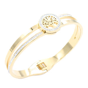 Bracciale rigido in acciaio inossidabile placcato oro con albero della vita e strass di cristallo, gioiello unisex alla moda, idea regalo - Product Image 3