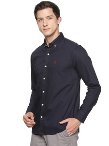 เสื้อเชิ้ตทางการแขนยาวสำหรับผู้ชายคอตตอนปกสูงลายเรียบ - Product Image 2