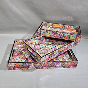 Factory Wholesale Mango Wood Rectangular <b>Tray</b> Set with Stylish <b>Black</b> Leaf Design Perfect for Home and Cafe <b>Serving</b> Needs - Product Image 5