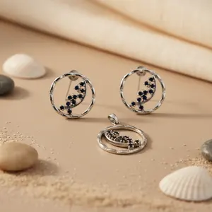 Conjunto de Pendientes y Colgante de Plata 925 con Zafiro Negro para Mujer, Diseño Clásico Chapado en Oro - Product Image 2