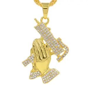 Uzi Gun Praying Hand Design Echte Diamanten Halskette Hip Hop Certified Gold Anhänger mit Seil kette für Ihren Freund