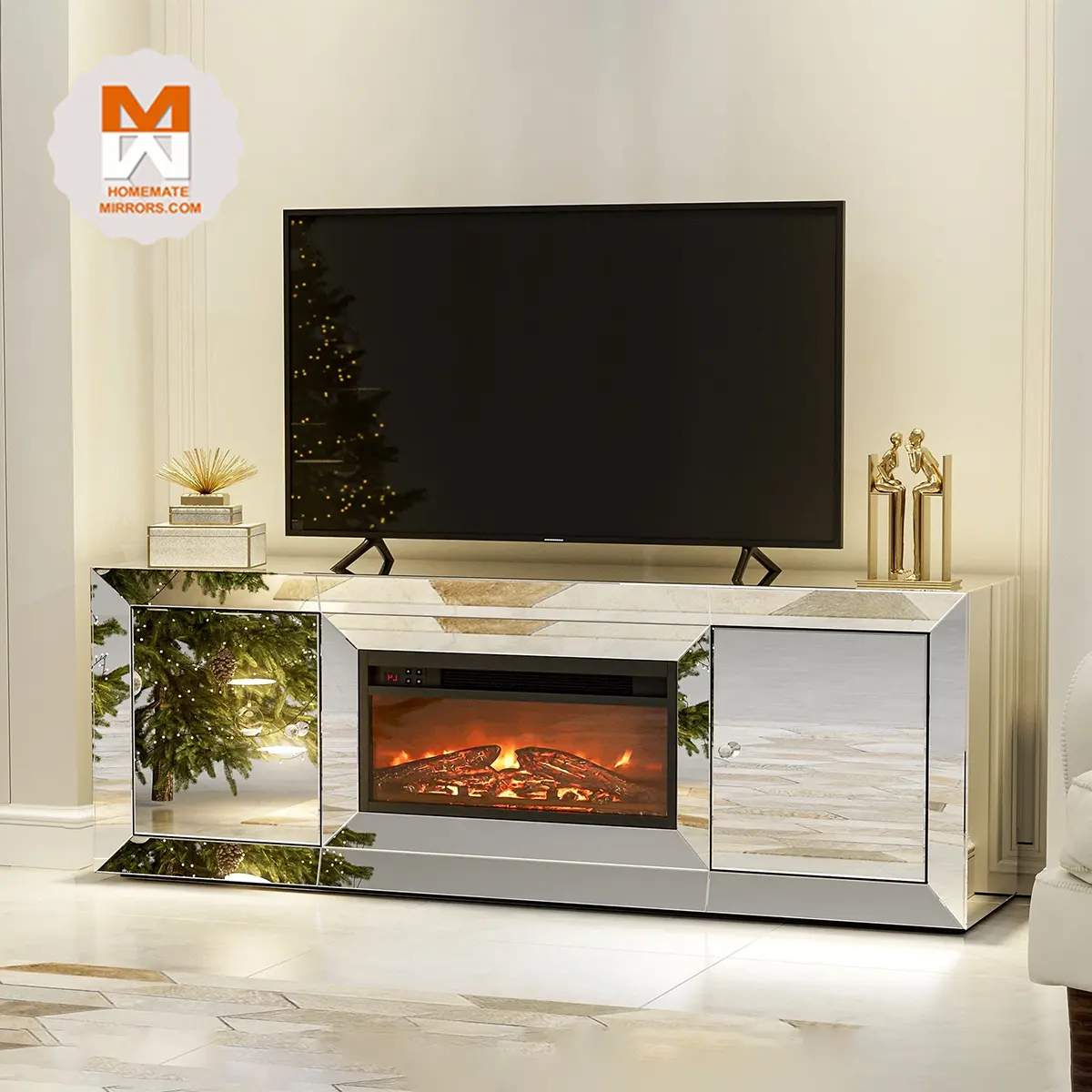 Factory Directly Sell Competitive Mirrored TV Stand with Fireplace