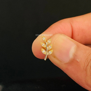 14K Solid Gold Natural Diamond Leaf <b>Earring</b> Fine Jewelry. - Product Image 2